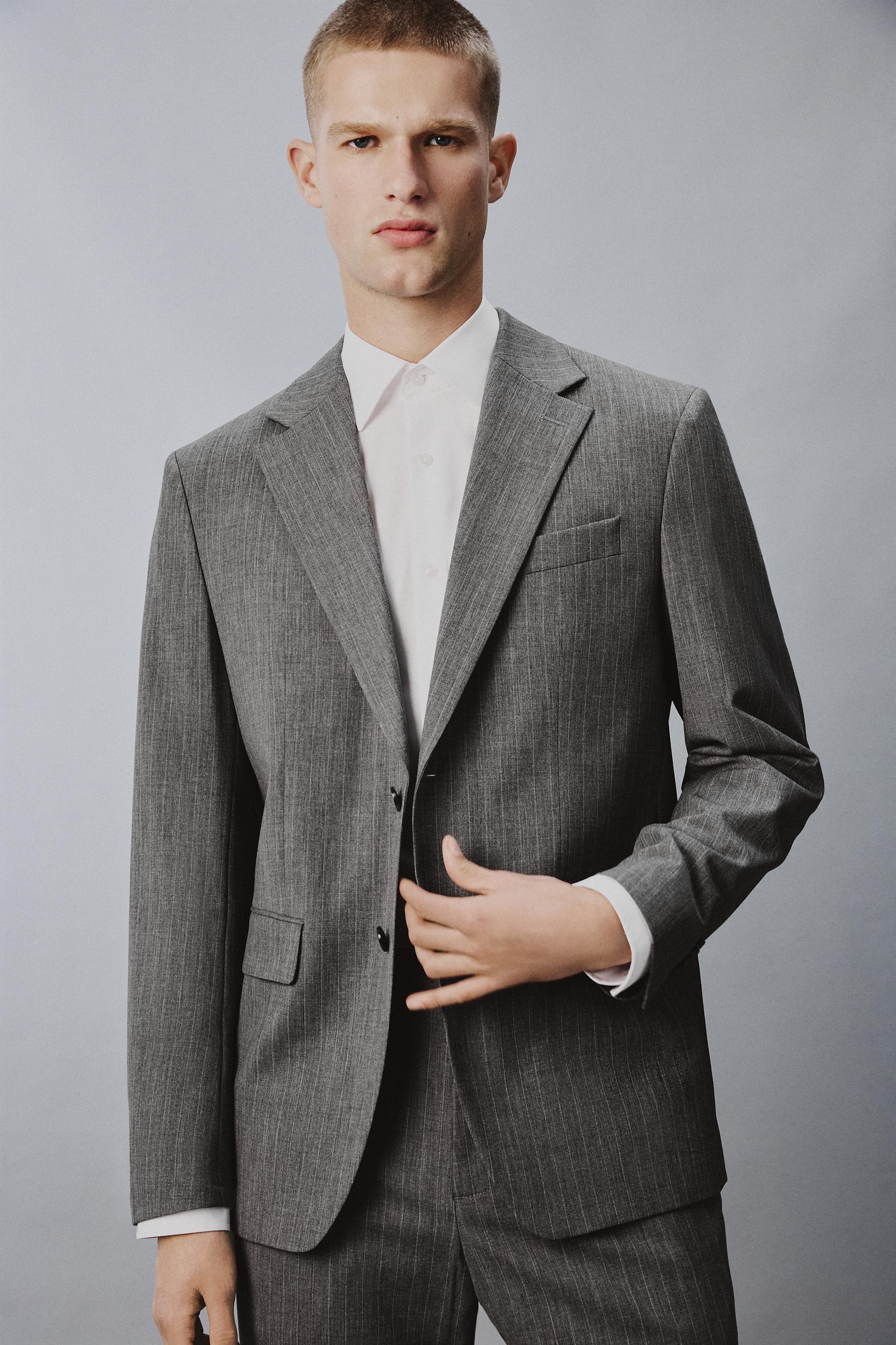 WOOL BLEND PINSTRIPE SUIT BLAZER